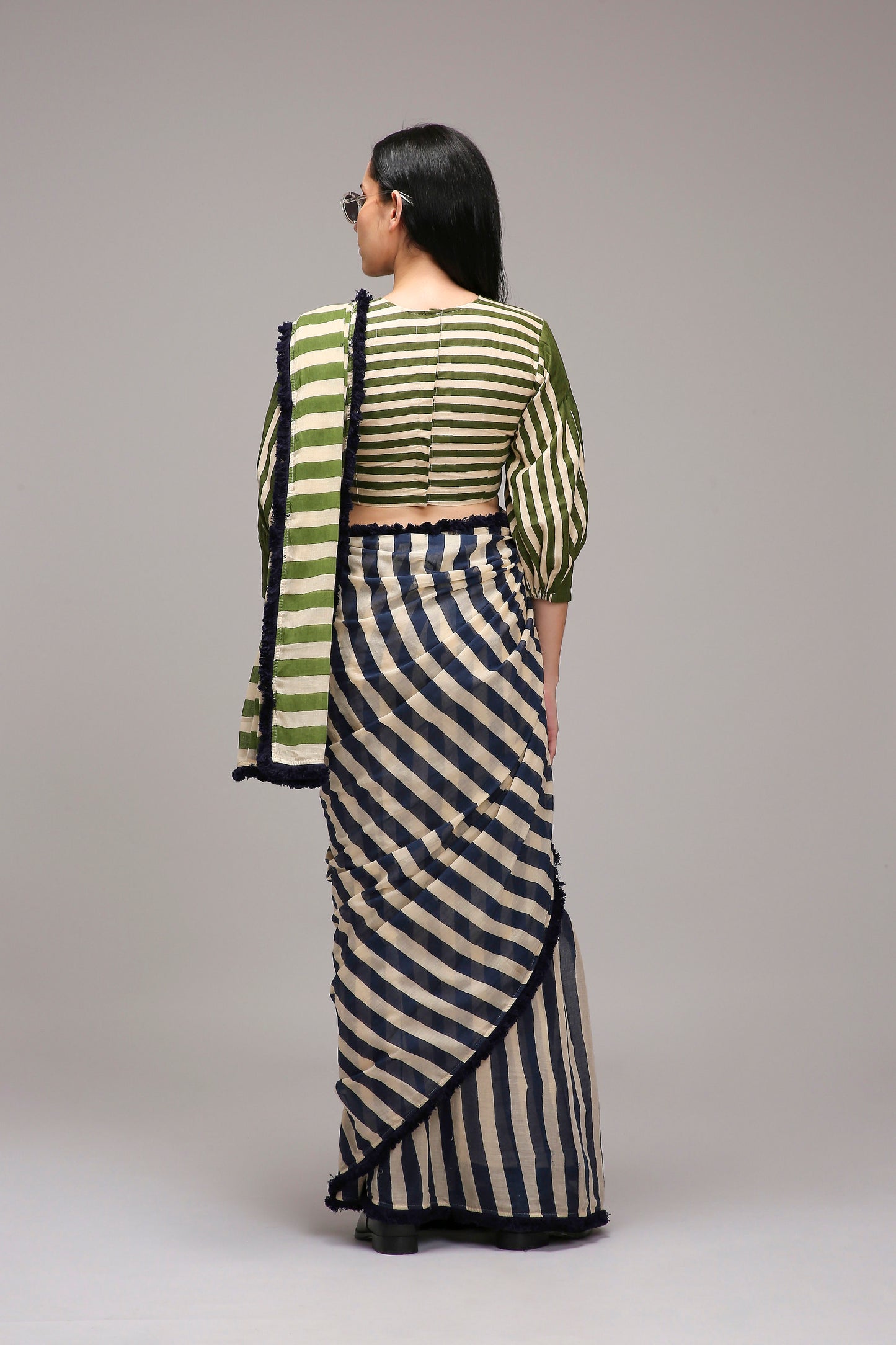 Egg-Shell Blue Green Dual Striped Saree