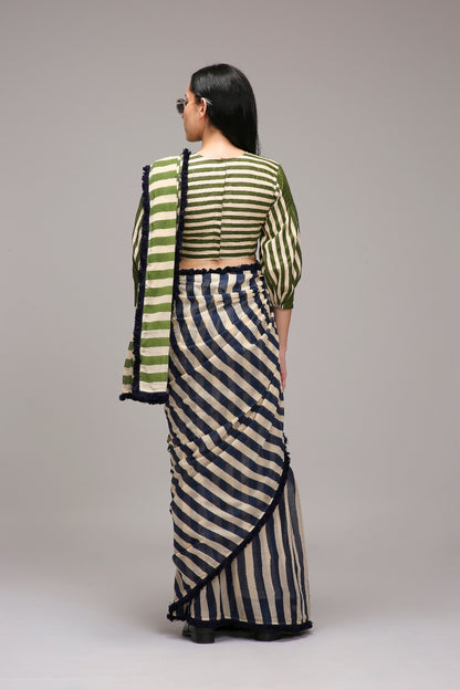Egg-Shell Blue Green Dual Striped Saree