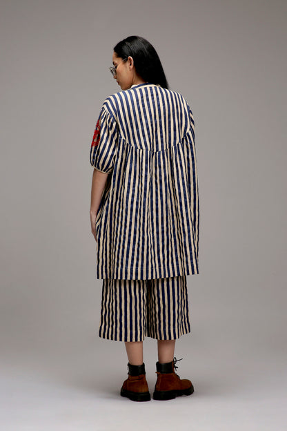 Egg-Shell Blue Striped Short Acra Tunic Set (2 PCS)