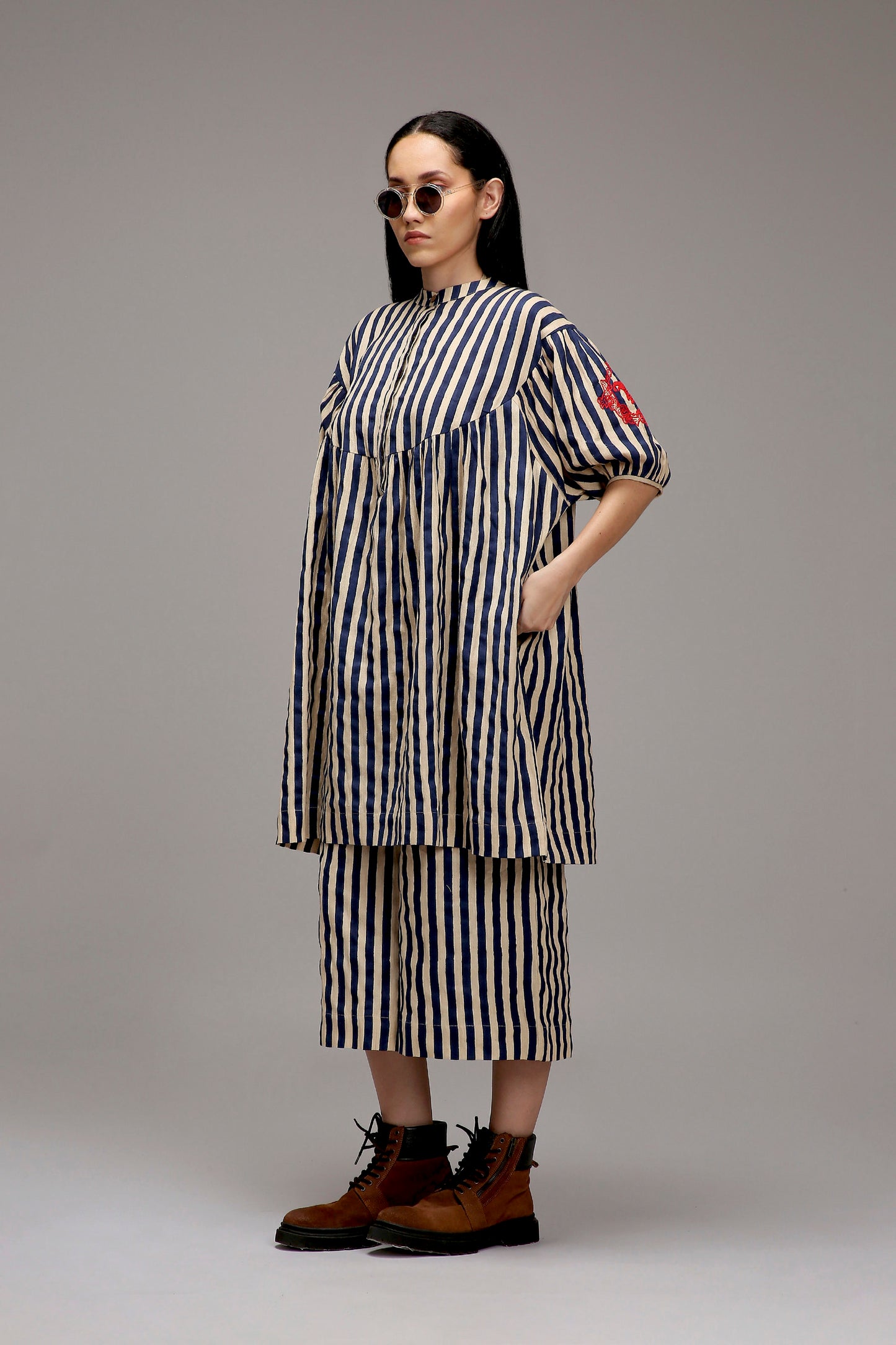 Egg-Shell Blue Striped Short Acra Tunic
