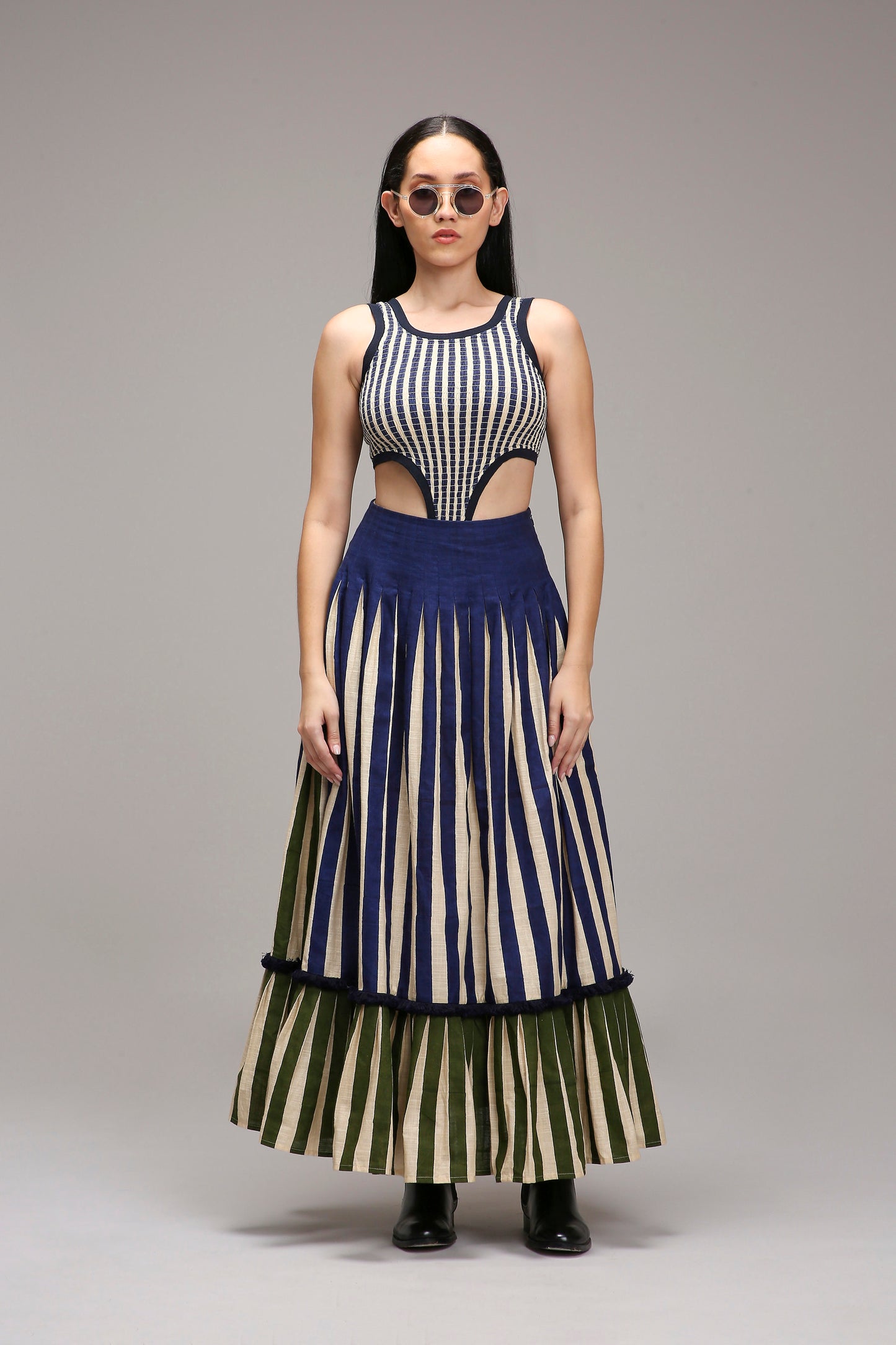 Egg-Shell Bodysuit Dual Striped Skirt Set (2 PCS)