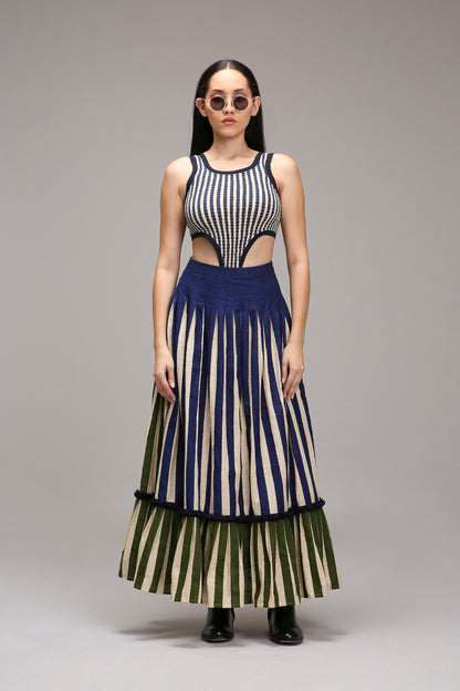Egg-Shell Bodysuit Dual Striped Skirt Set (2 PCS)