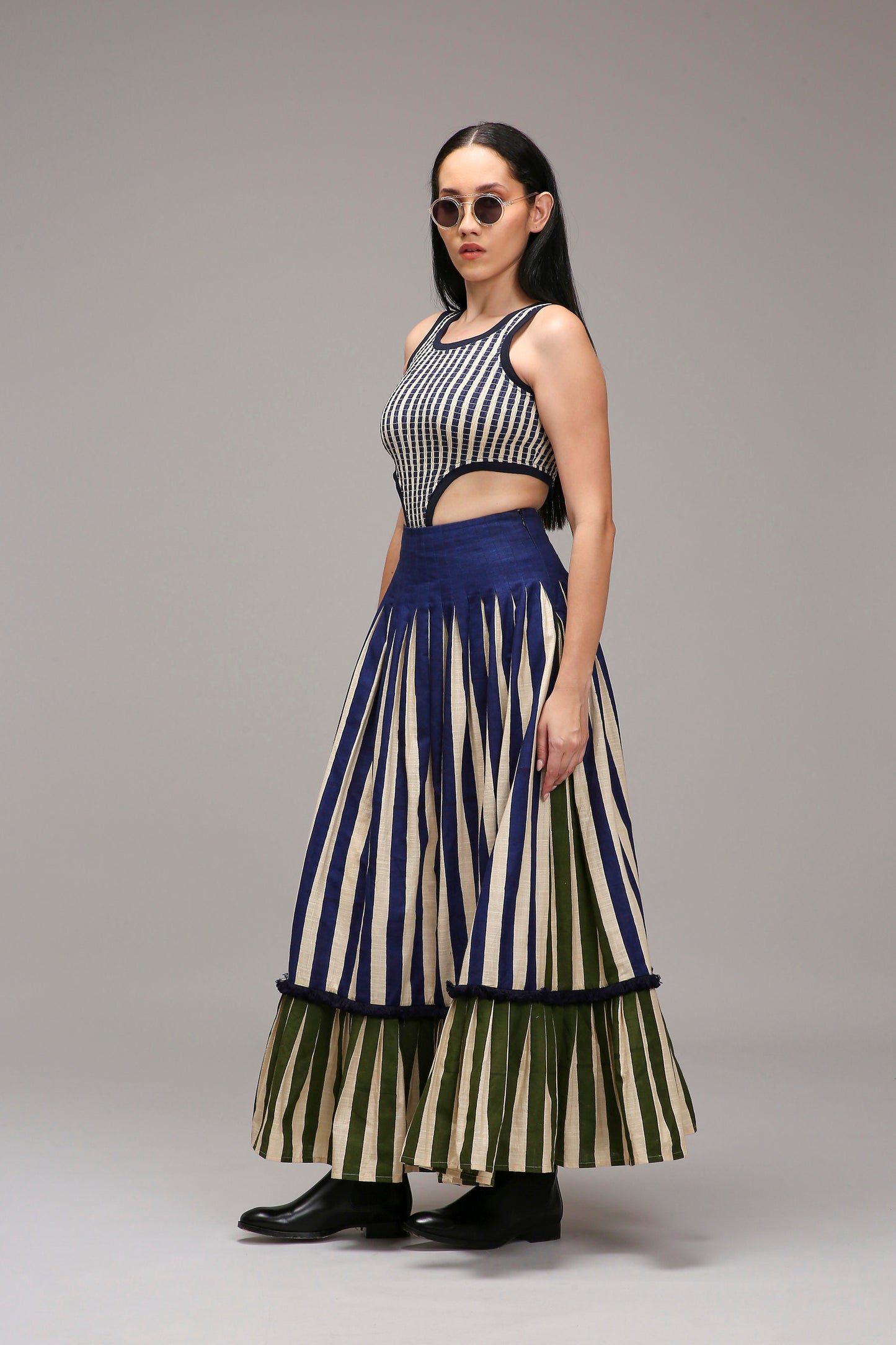 Egg-Shell Bodysuit Dual Striped Skirt Set (2 PCS)