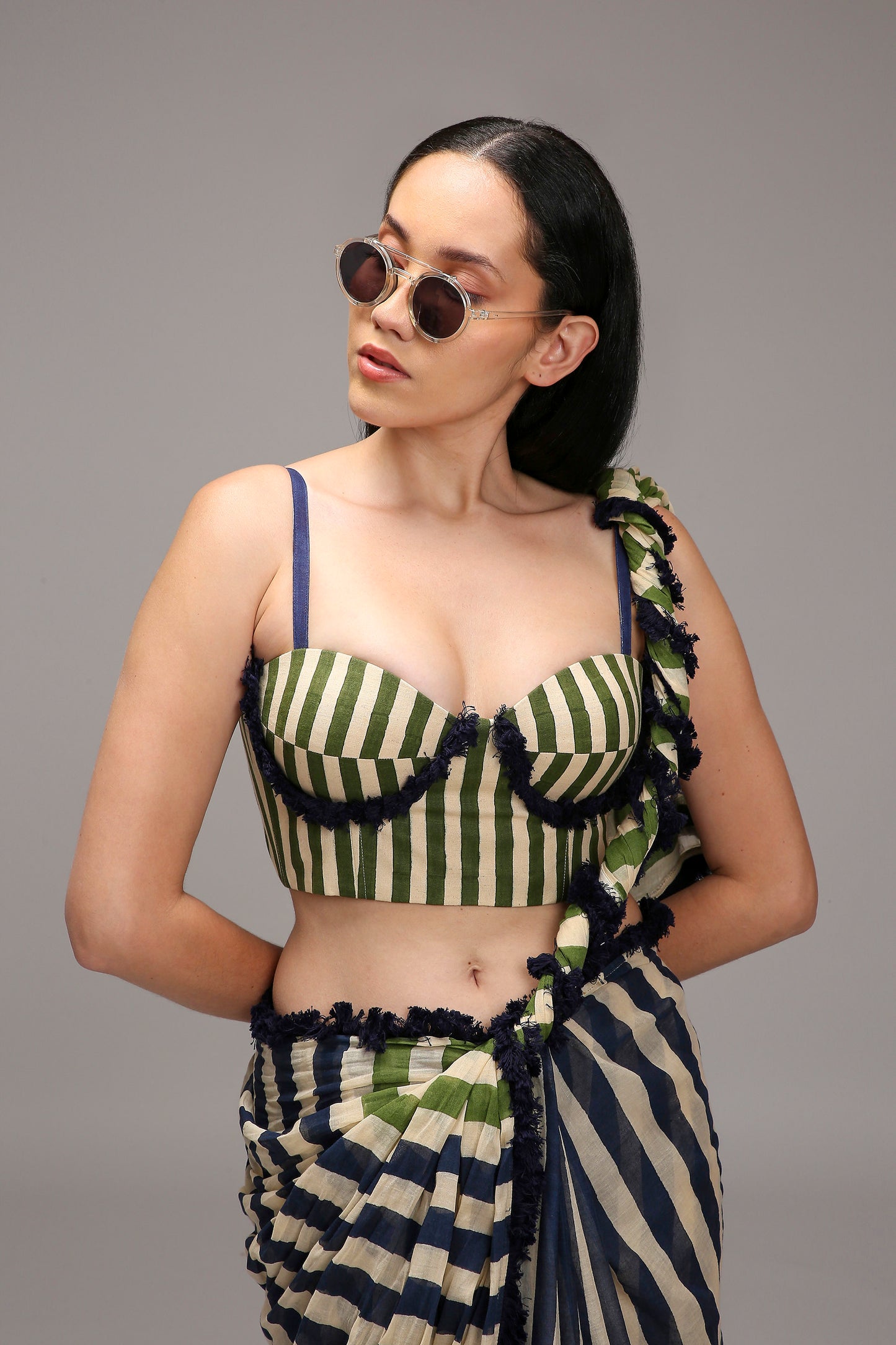 Egg-Shell Corset & Dual Striped Saree Set (2 PCS)