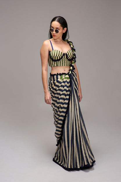 Egg-Shell Corset & Dual Striped Saree Set (2 PCS)