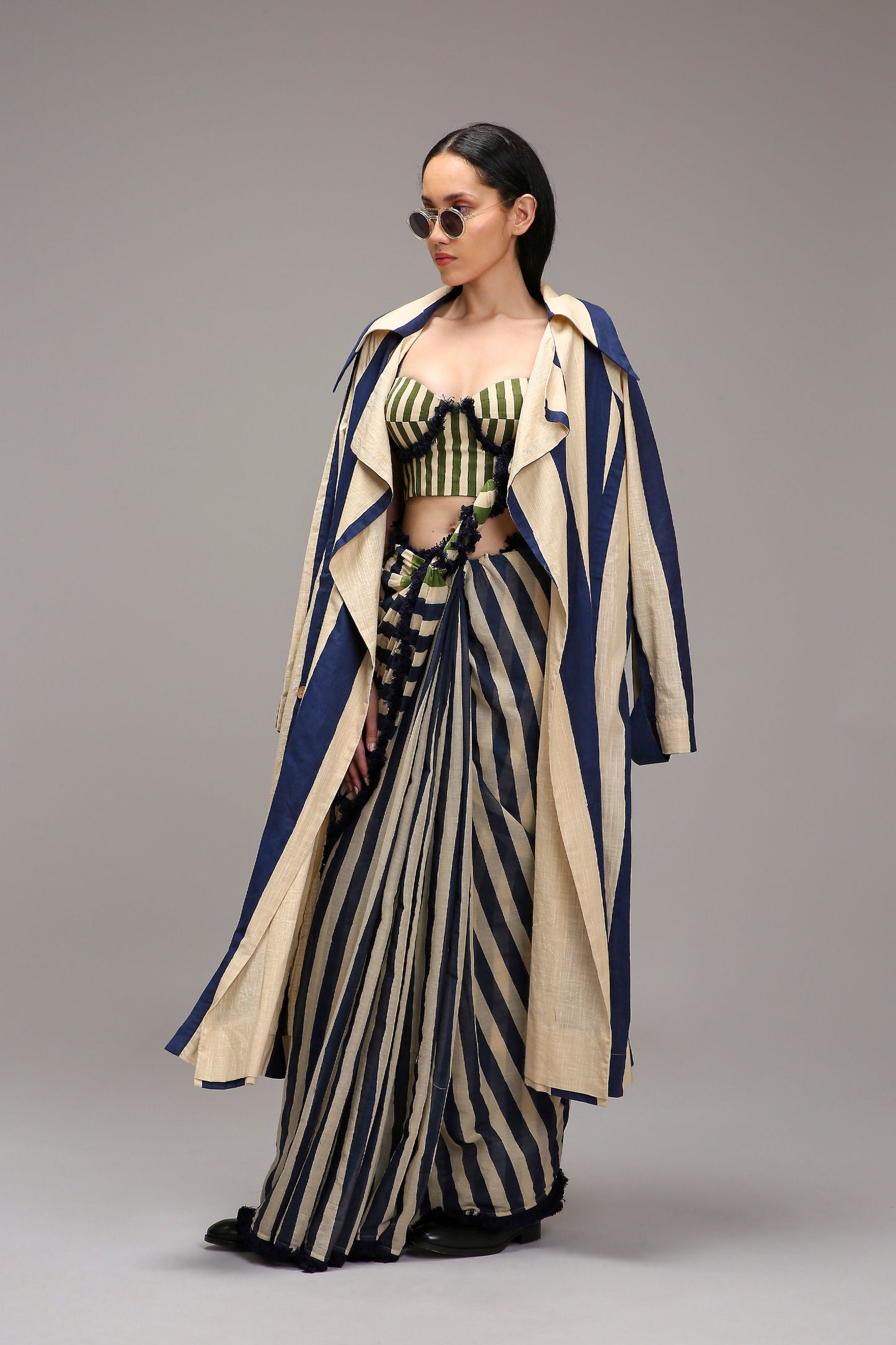 Egg-Shell Corset with Trench & Dual Striped Saree Set (3 PCS)