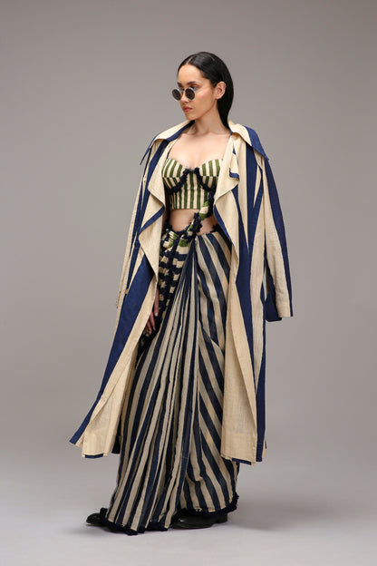Egg-Shell Corset with Trench & Dual Striped Saree Set (3 PCS)