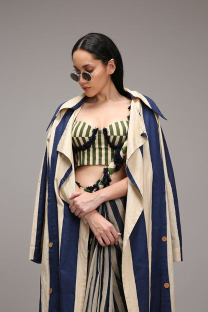 Egg-Shell Corset with Trench & Dual Striped Saree Set (3 PCS)
