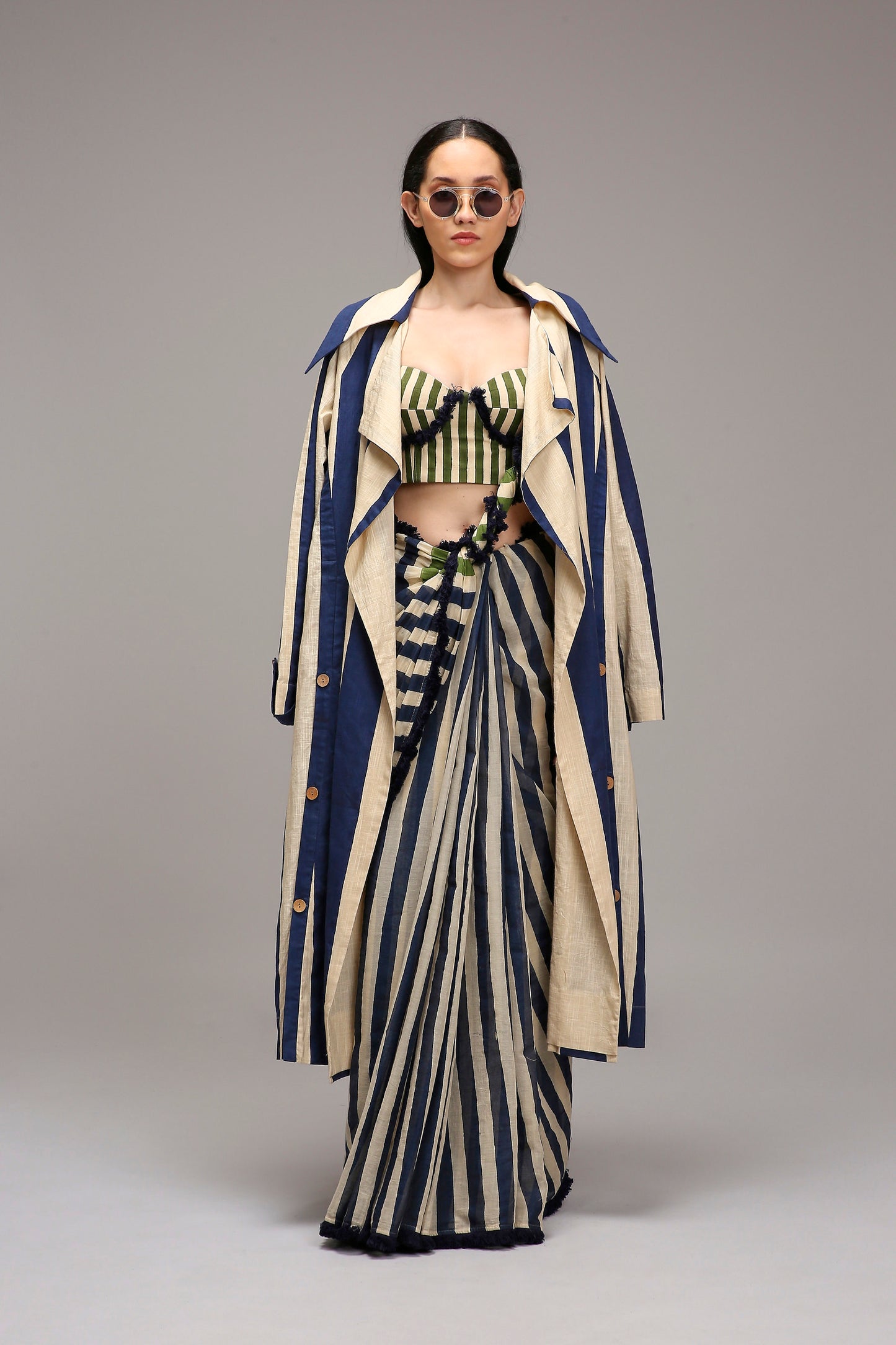 Egg-Shell Corset with Trench & Dual Striped Saree Set (3 PCS)