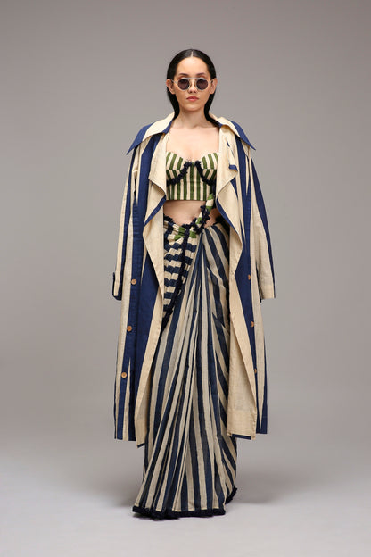 Egg-Shell Corset with Trench & Dual Striped Saree Set (3 PCS)
