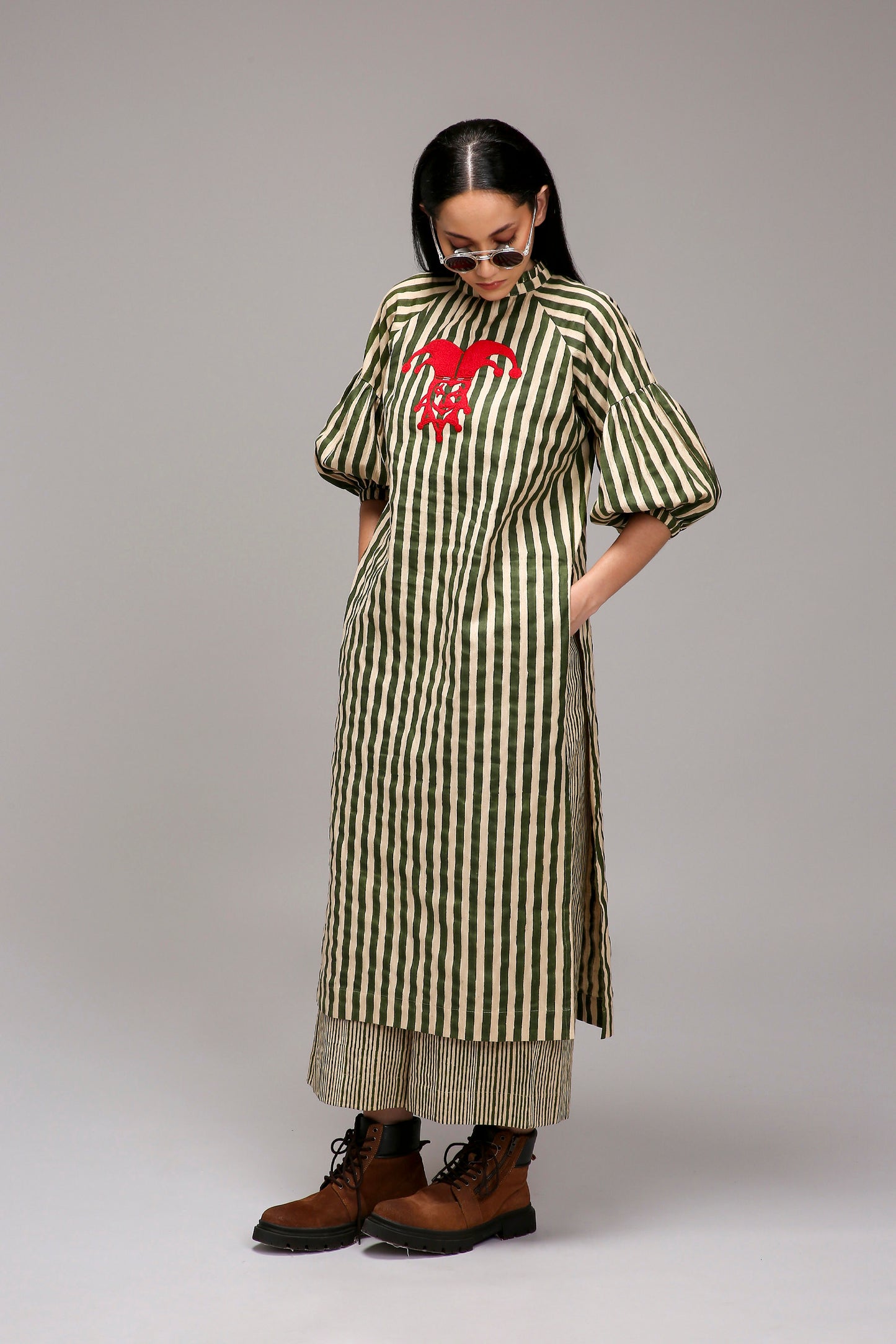 Egg-Shell Green Striped Big Joker Tunic Set (2 PCS)