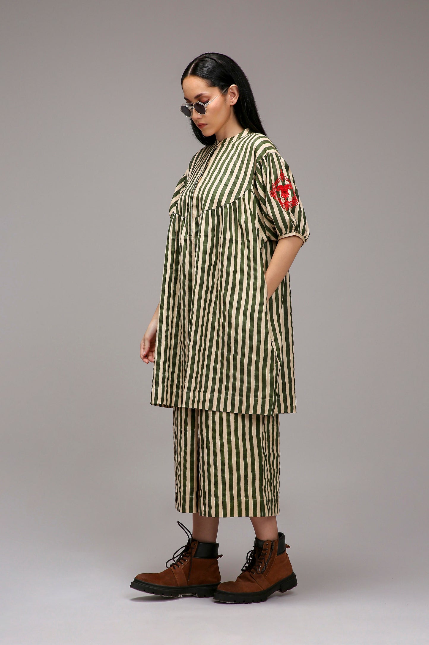 Egg-Shell Green Striped Short Acra Tunic Set (2 PCS)