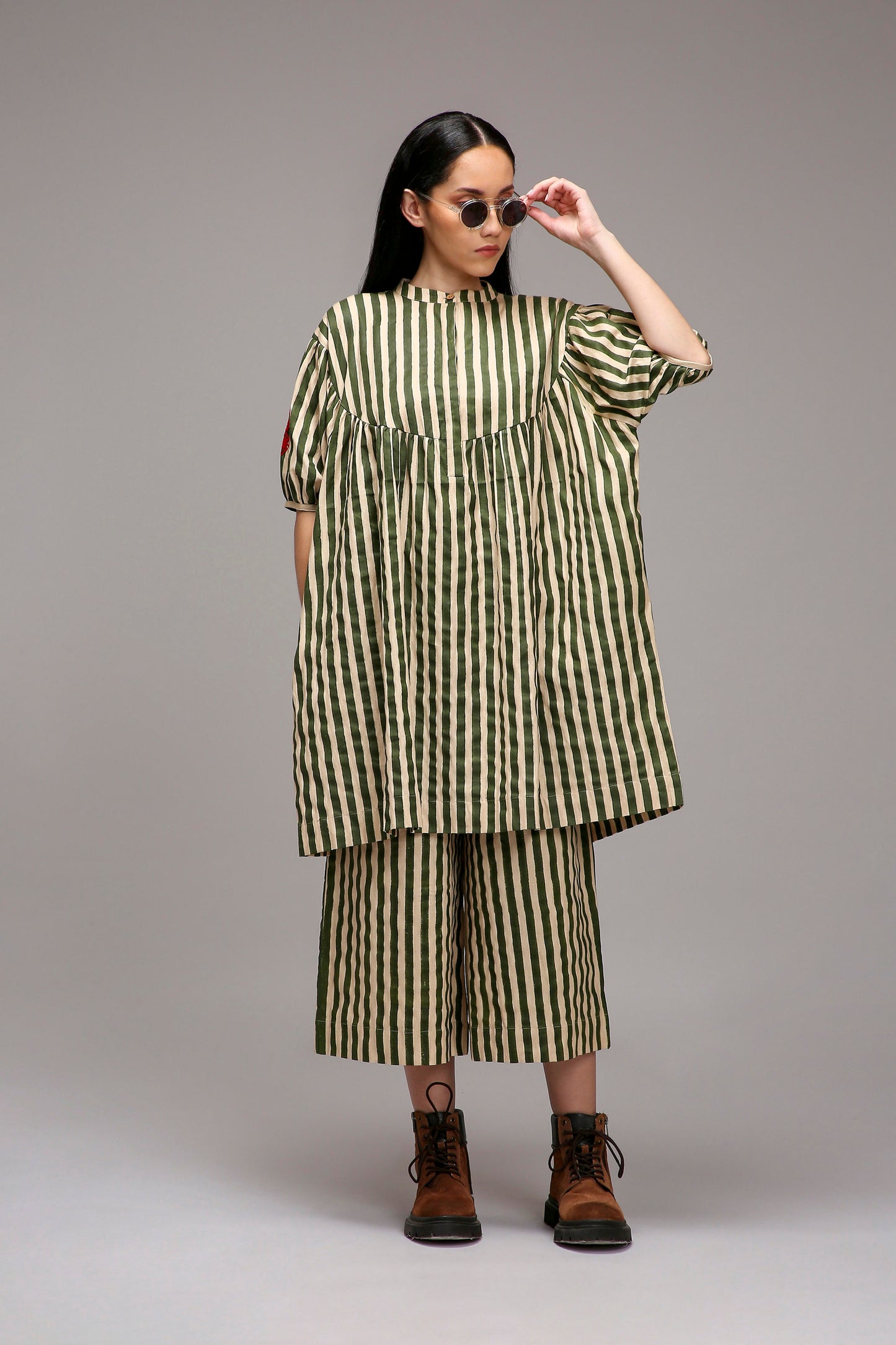 Egg-Shell Green Striped Short Acra Tunic Set (2 PCS)
