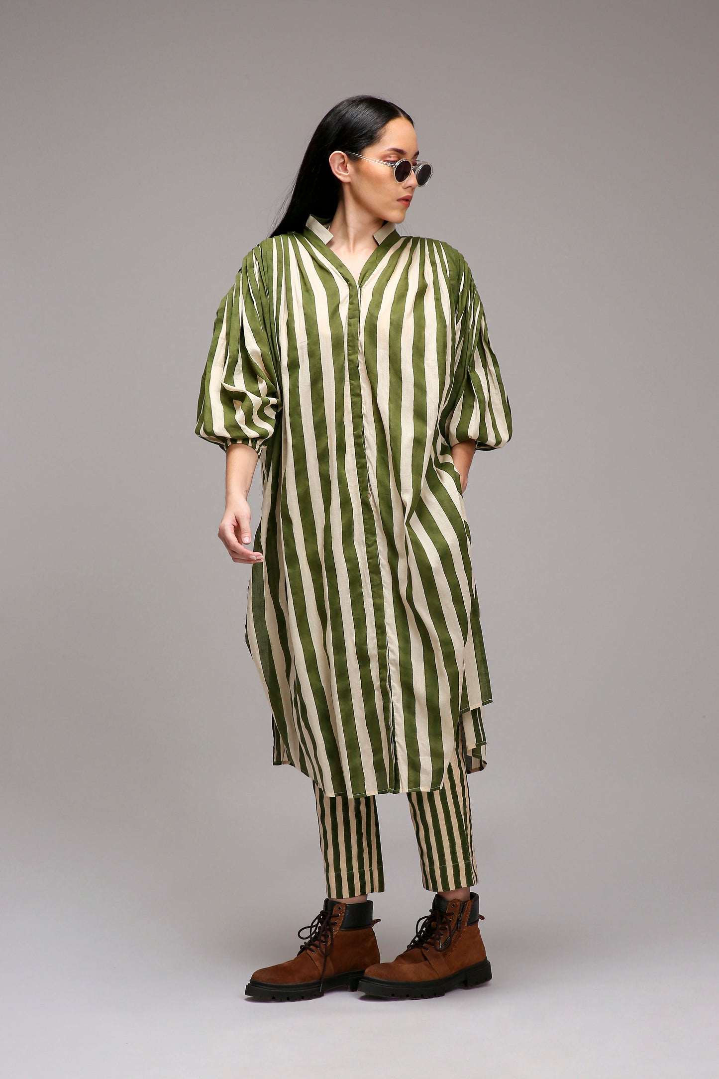 Egg-Shell Green Striped Baha Tunic Set (2 PCS)