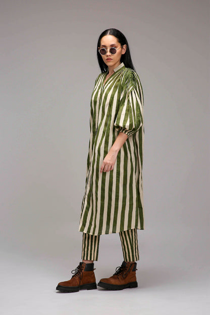 Egg-Shell Green Striped Baha Tunic Set (2 PCS)