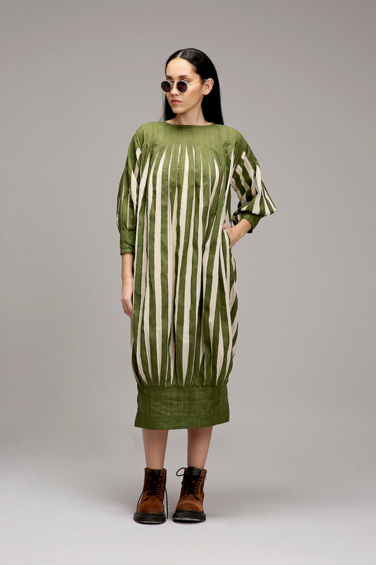 Egg-Shell Green Striped Balloon Dress