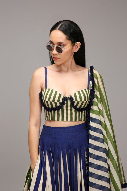 Egg-Shell Green Fringed Striped Corset