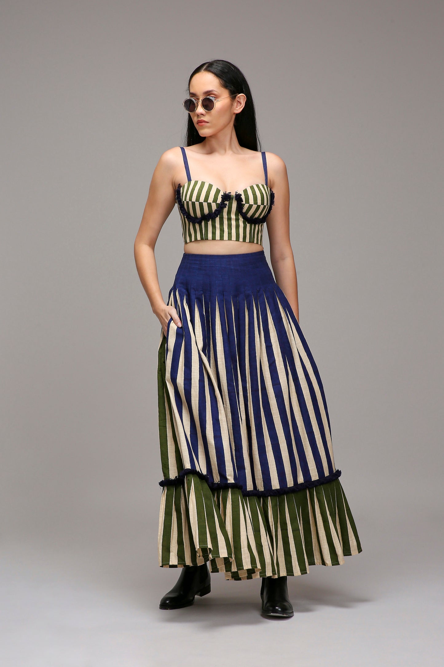 Egg-Shell Green Fringed Striped Corset