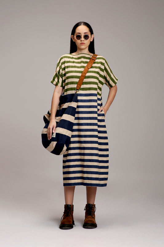 Egg-Shell Green & Blue Dual Striped Dress