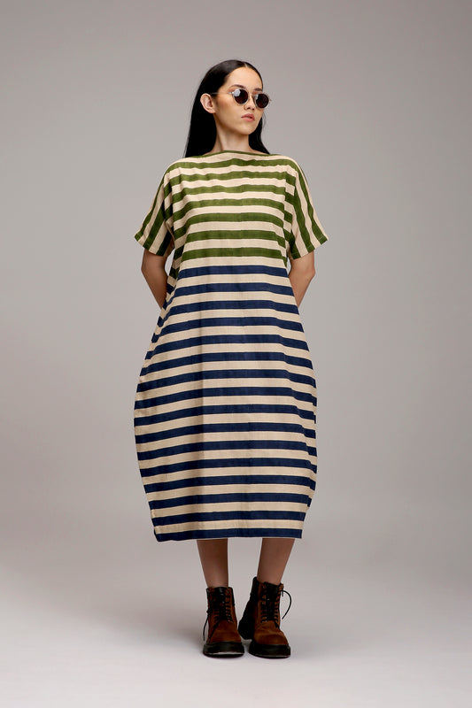 Egg-Shell Green & Blue Dual Striped Dress