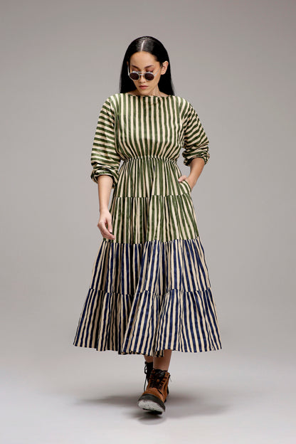 Egg-Shell Green & Blue Striped Tiered Dress