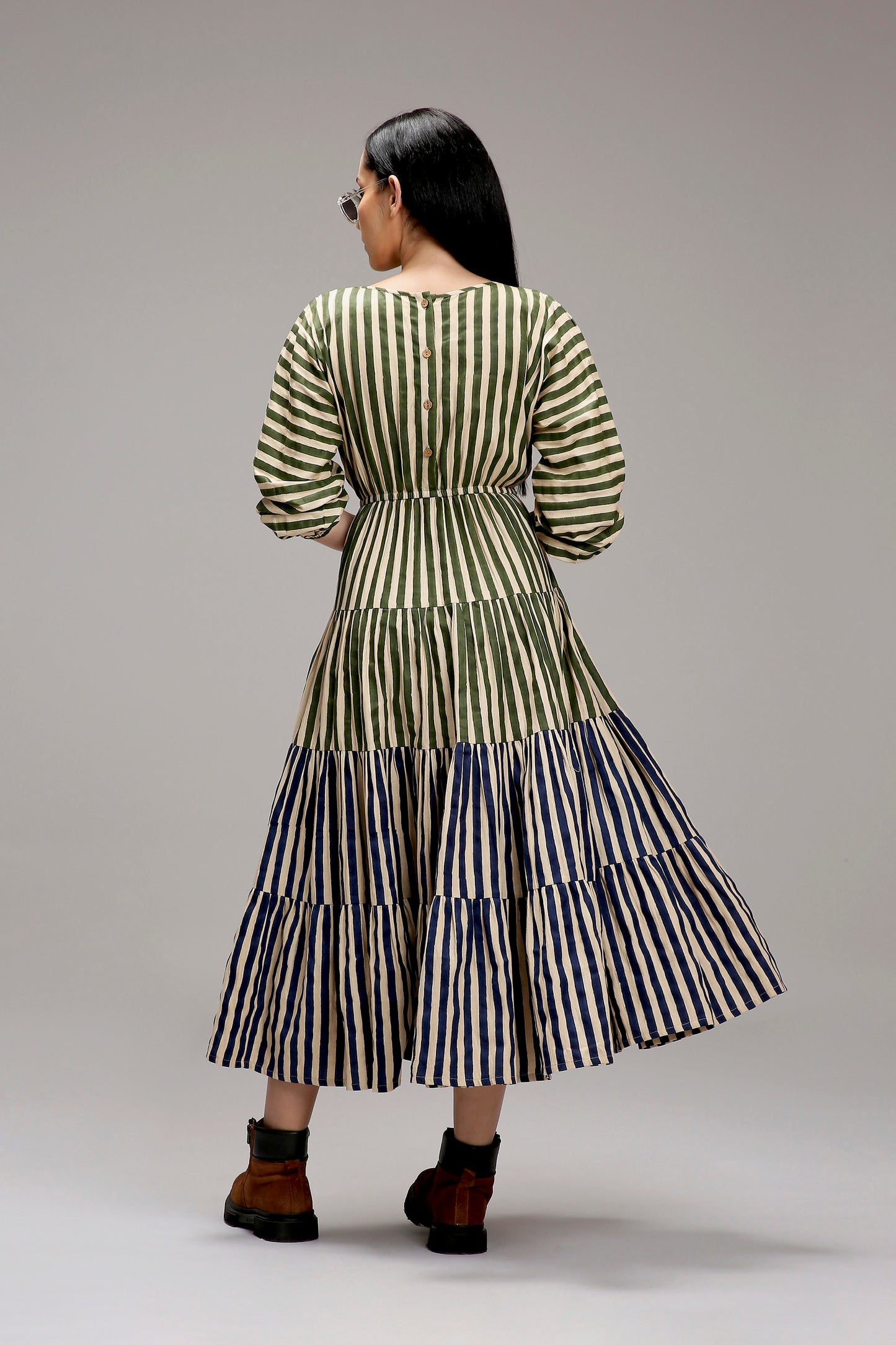 Egg-Shell Green & Blue Striped Tiered Dress
