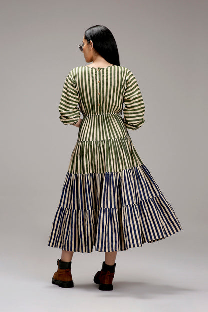 Egg-Shell Green & Blue Striped Tiered Dress