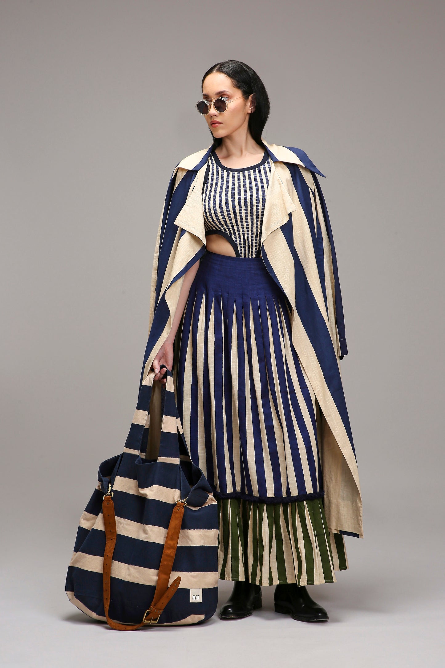 Egg-Shell Trench Bodysuit Dual Striped Skirt Set (3 PCS)