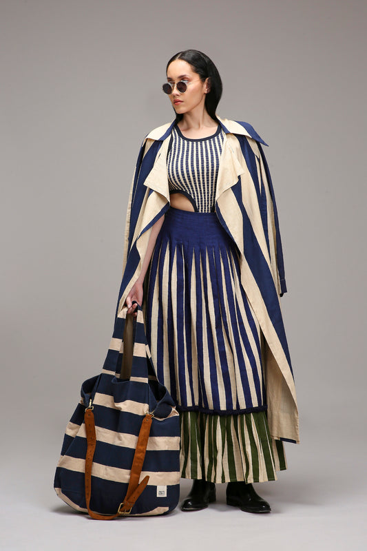 Egg-Shell Trench Bodysuit Dual Striped Skirt Set (3 PCS)