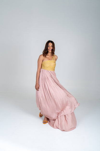 Pink-Yellow Braided Bustier Gather Gown