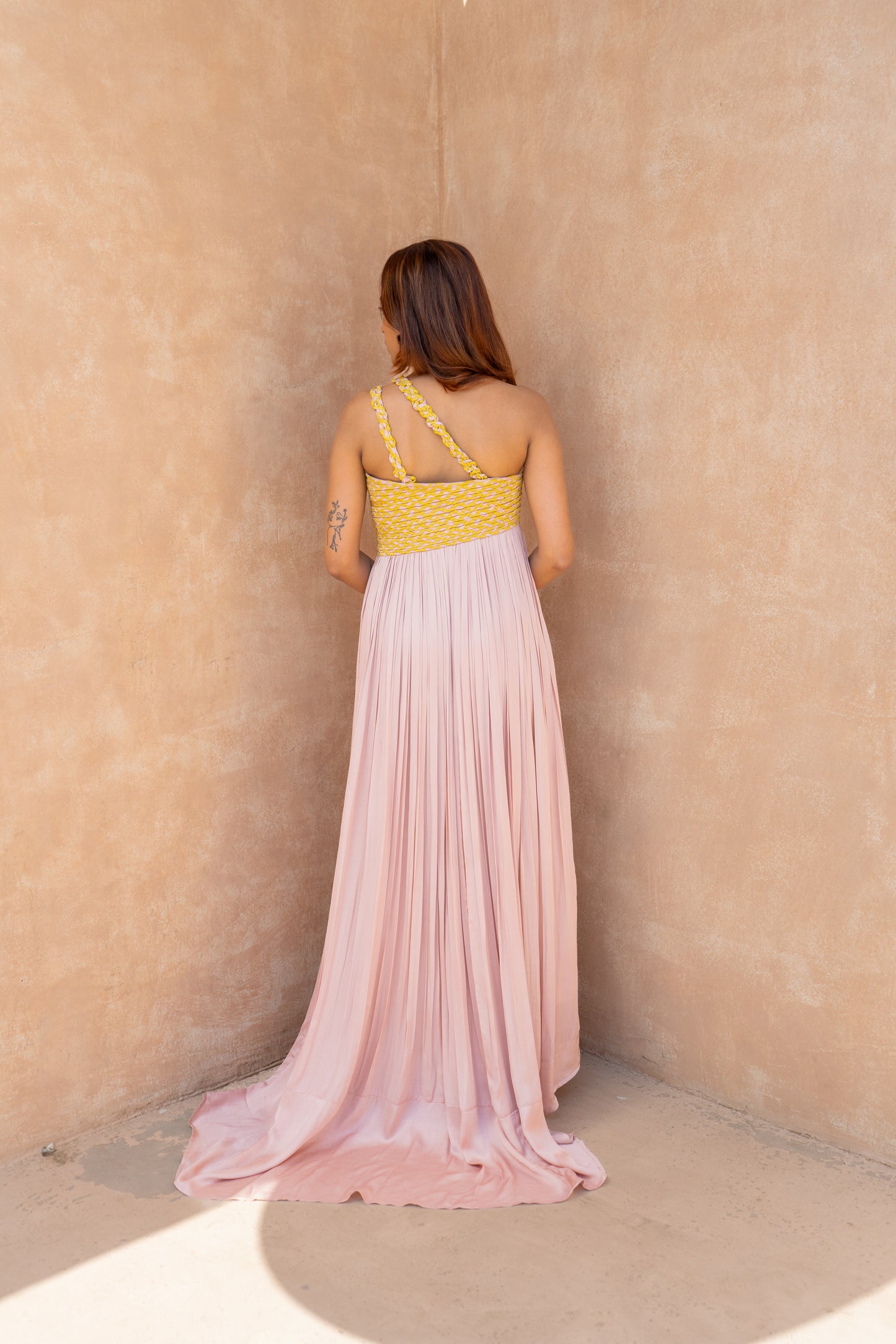 Pink-Yellow Braided Bustier Gather Gown