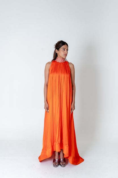 Orange-Pink Braided Halter Neck Gather Gown