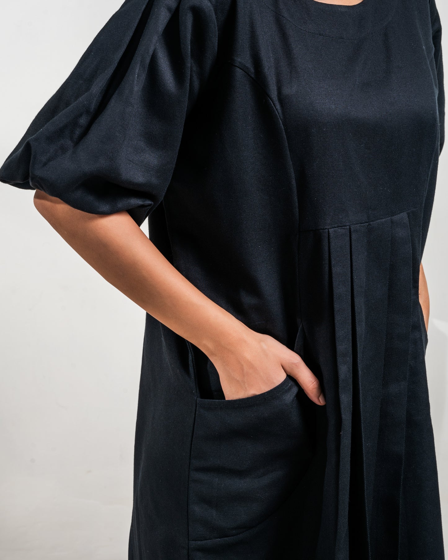 Black Cotton Balloon Sleeve Dress