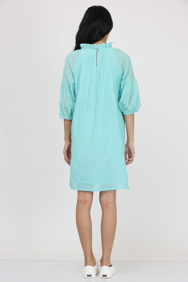 Frill Neck Short Dress (Blue)