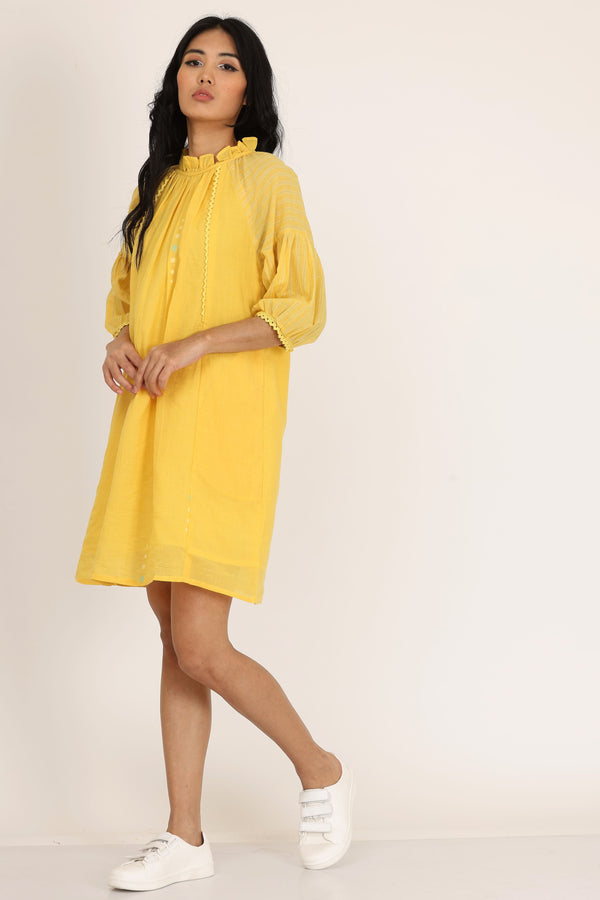 Frill Neck Short Dress (Yellow)