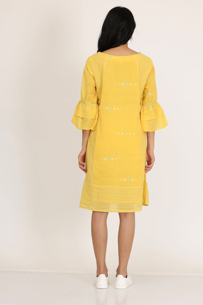 Double Layer Frill Sleeves Dress Yellow Shuffling Suitcases