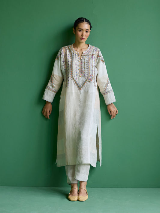 Rida Hand-Embroidered Metallic Linen Kurta - Ivory