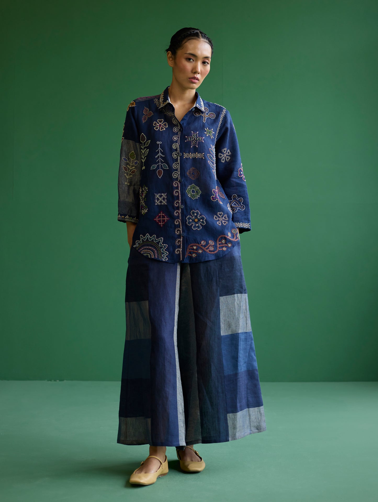 Tansa Hand-Embroidered Metallic Linen Shirt - Navy