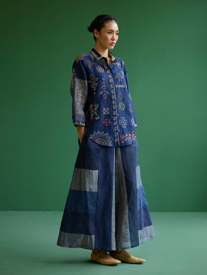 Tansa Hand-Embroidered Metallic Linen Shirt - Navy