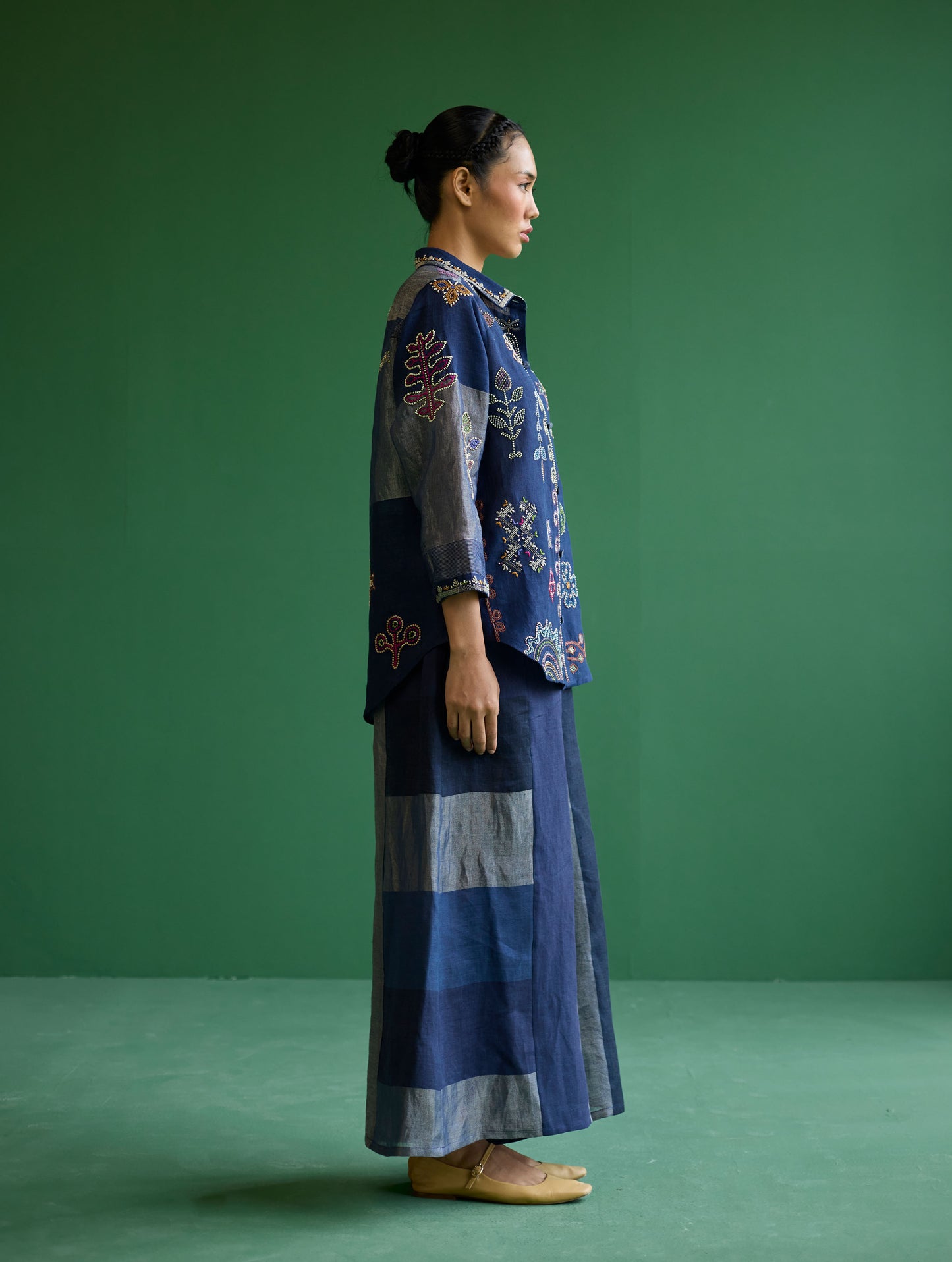 Tansa Hand-Embroidered Metallic Linen Shirt - Navy