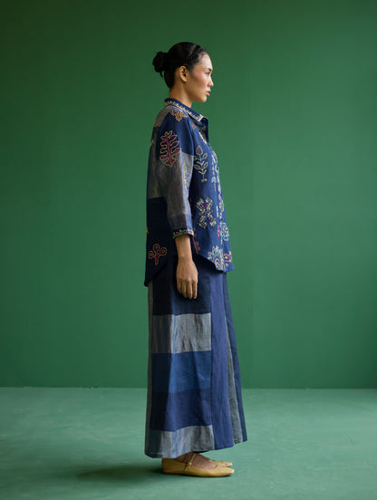 Tansa Hand-Embroidered Metallic Linen Shirt - Navy