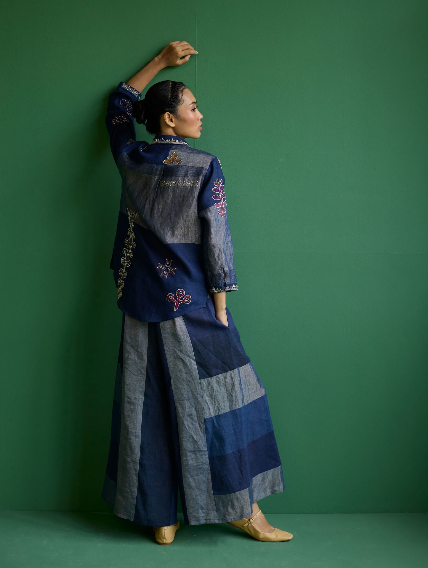 Tansa Hand-Embroidered Metallic Linen Shirt - Navy