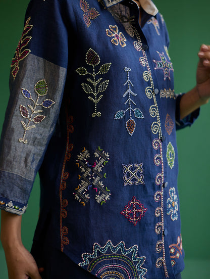 Tansa Hand-Embroidered Metallic Linen Shirt - Navy