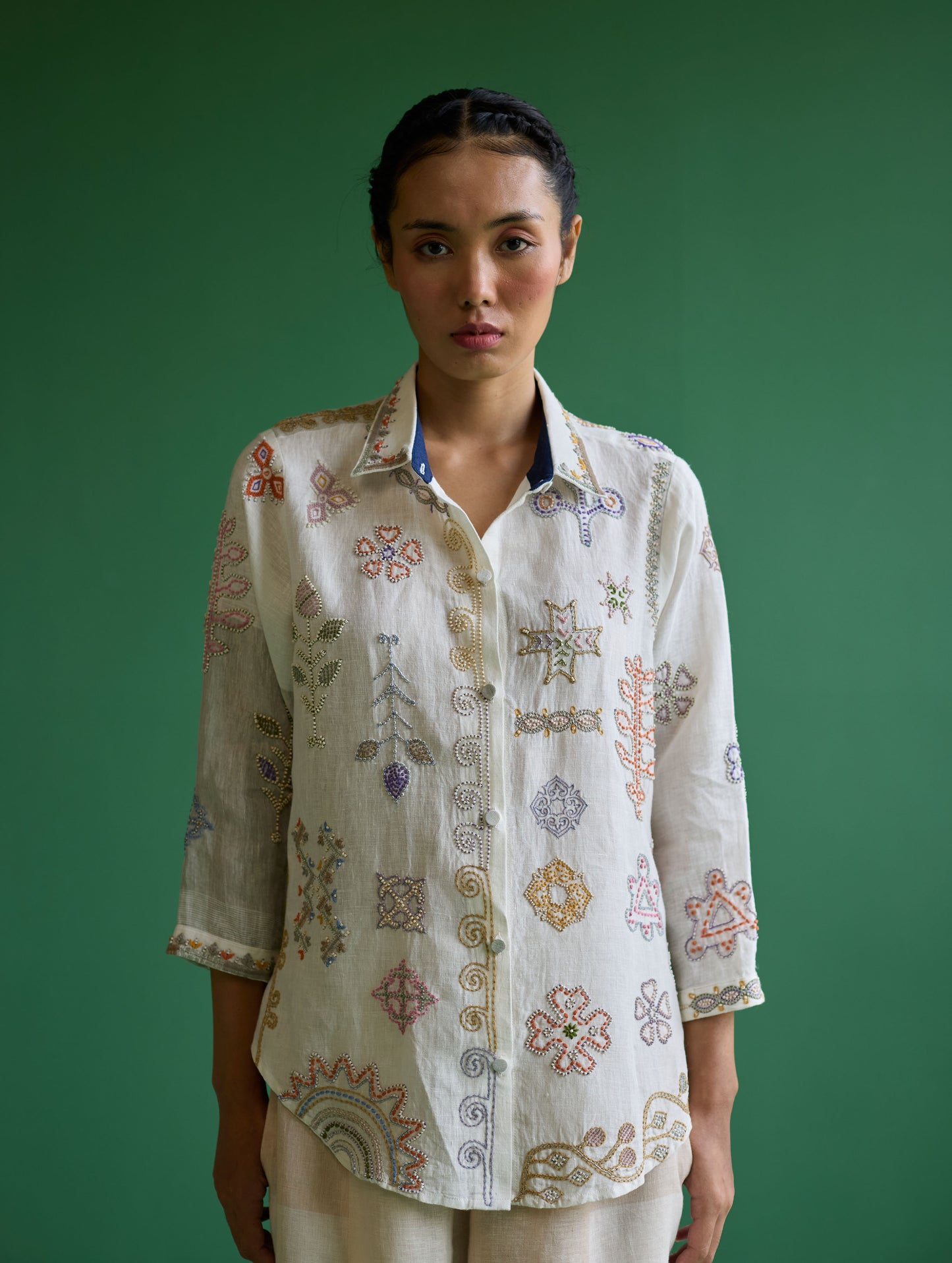 Tansa Hand-Embroidered Metallic Linen Shirt - Ivory