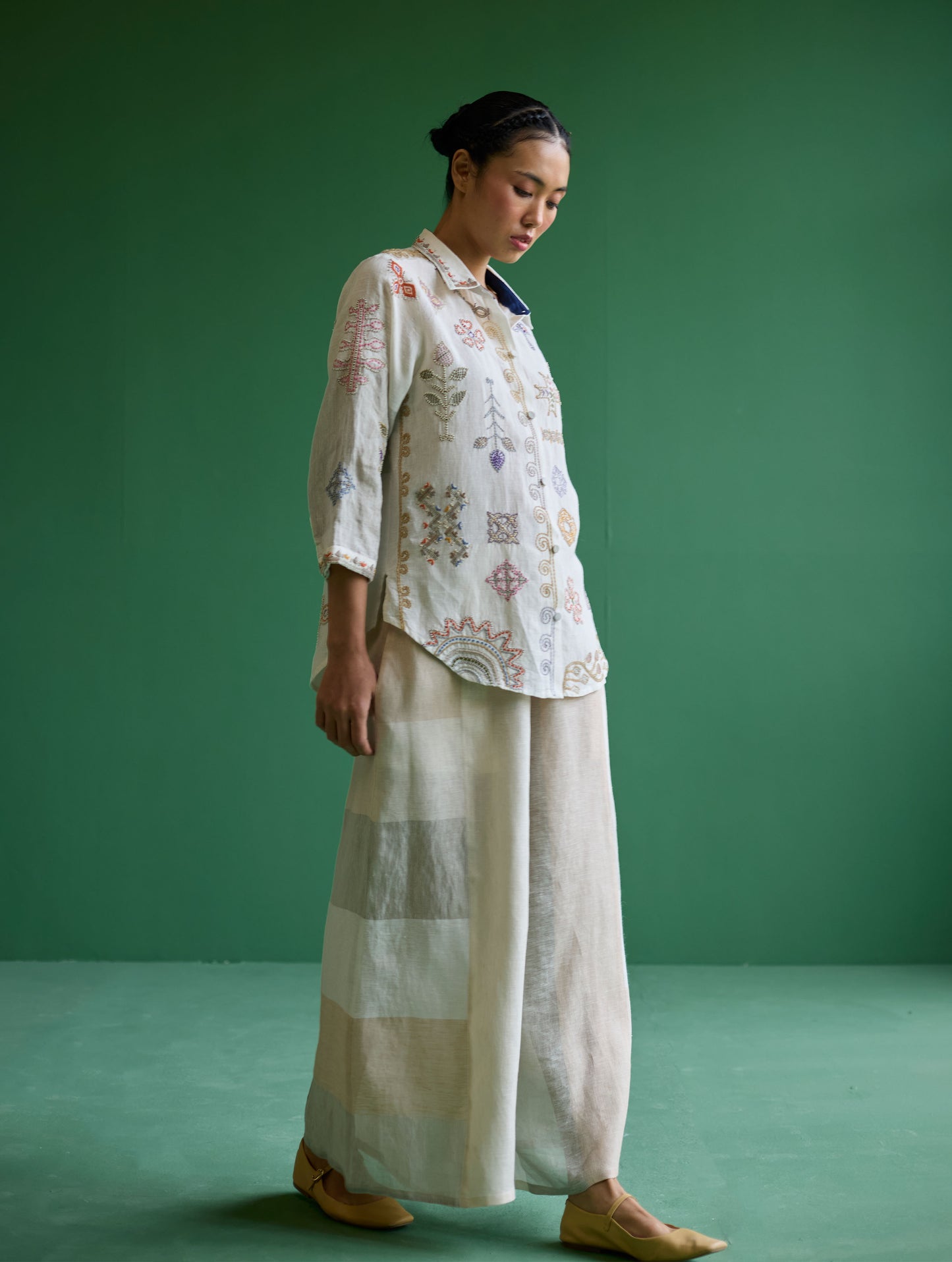 Tansa Hand-Embroidered Metallic Linen Shirt - Ivory