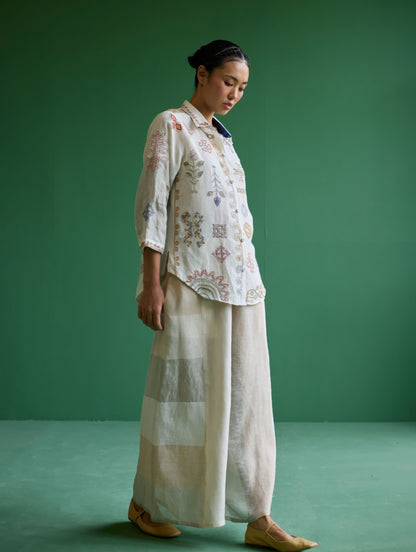 Tansa Hand-Embroidered Metallic Linen Shirt - Ivory