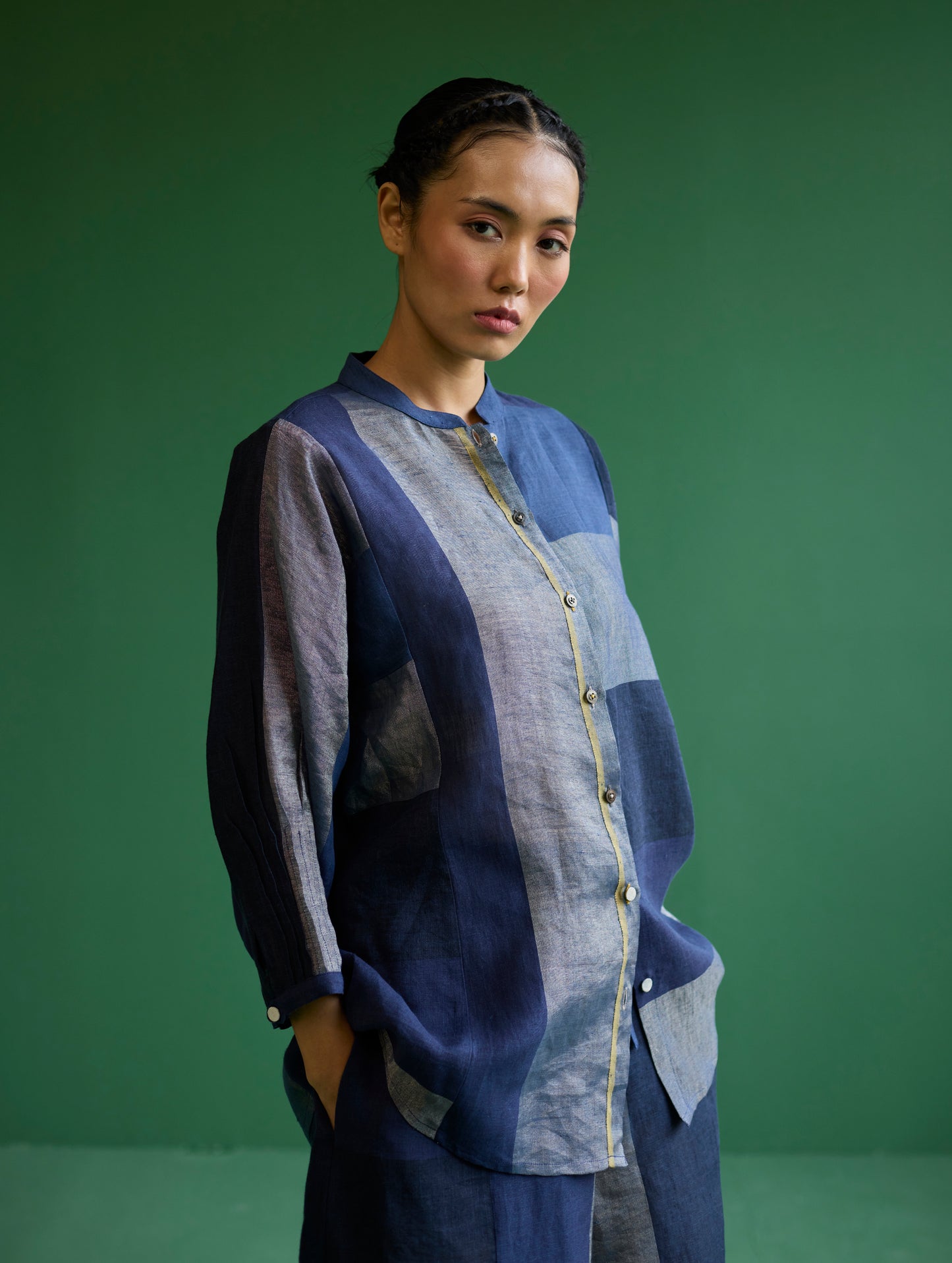 Izara Stripe Patchwork Linen Shirt - Navy