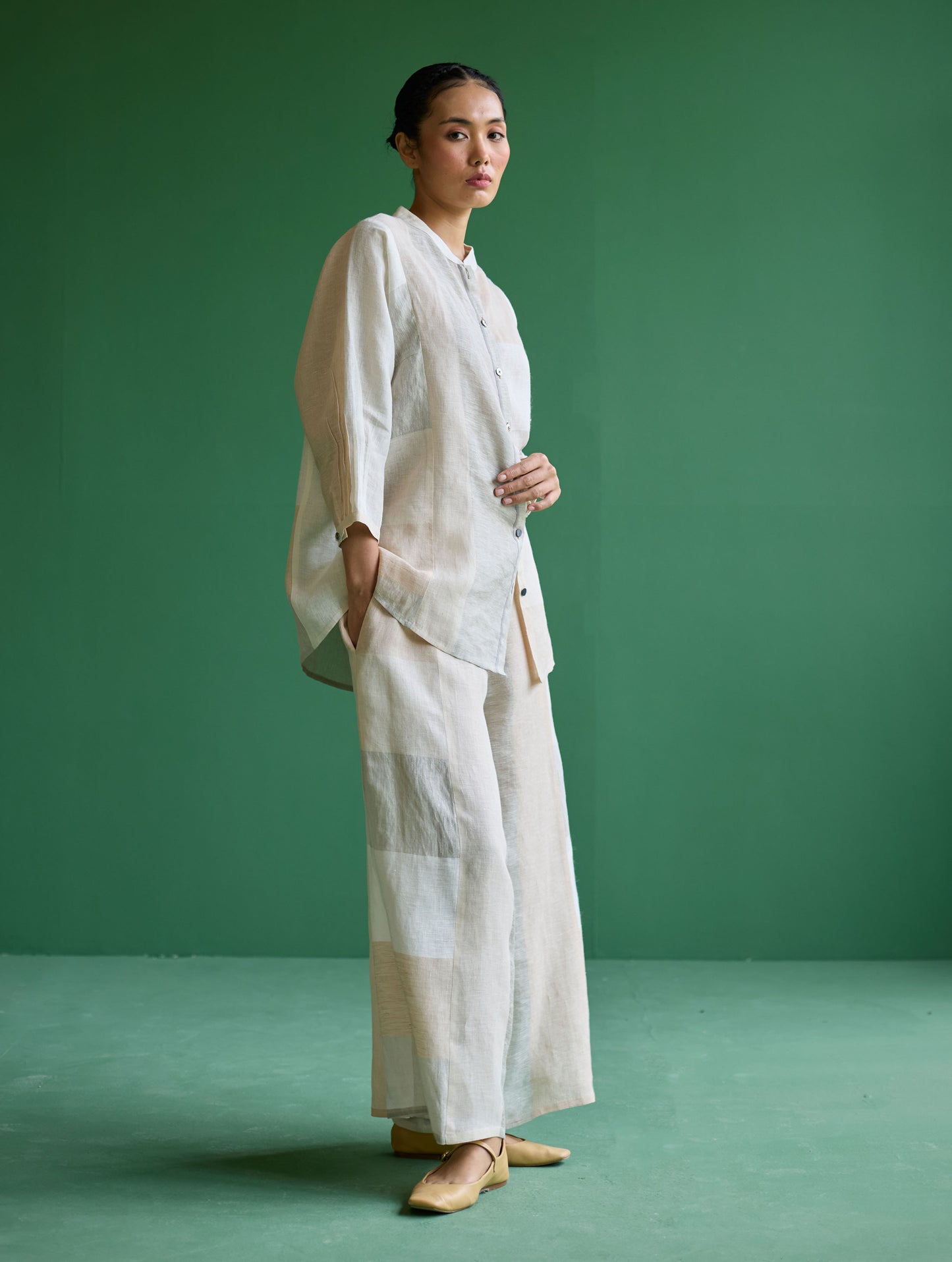 Izara Stripe Patchwork Linen Shirt - Ivory