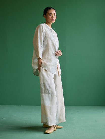 Izara Stripe Patchwork Linen Shirt - Ivory