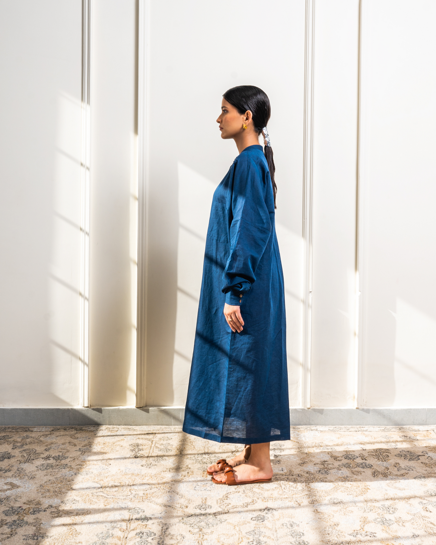 Navy Pleated Pampas Linen Dress